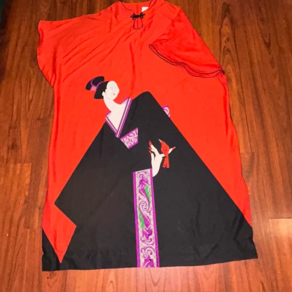 VTG 80’s I. Magnim ASIAN GEISHA Print Butterfly Sleeve Caftan Dress David Brown